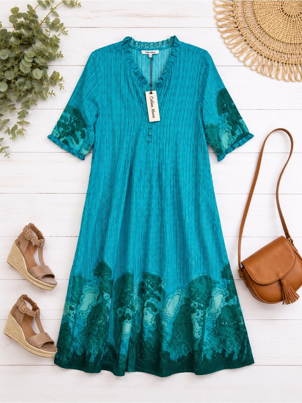 Celina Moon Dress Womens Size L Teal Half Sleeve Maxi Dress Tree Print
